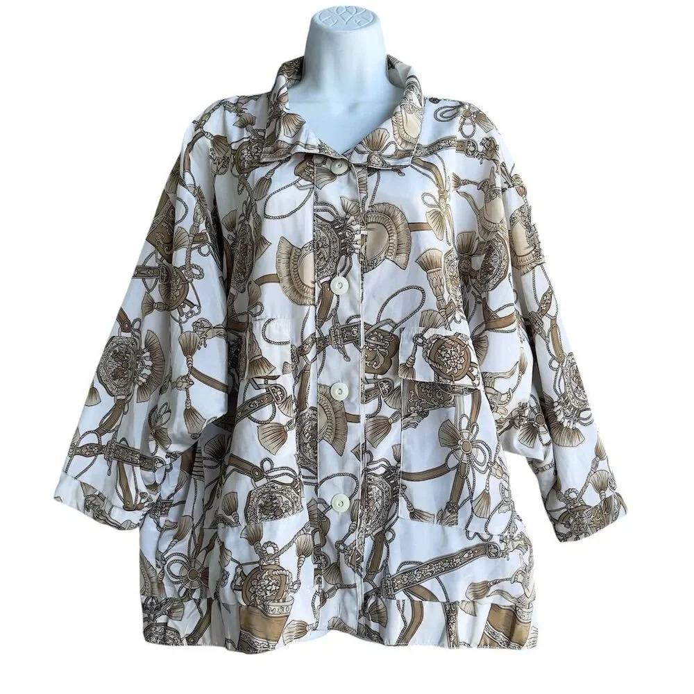 Vtg UNBRANDED Women's Oversized Equestrian Jacket off-white Button-Up Size XL